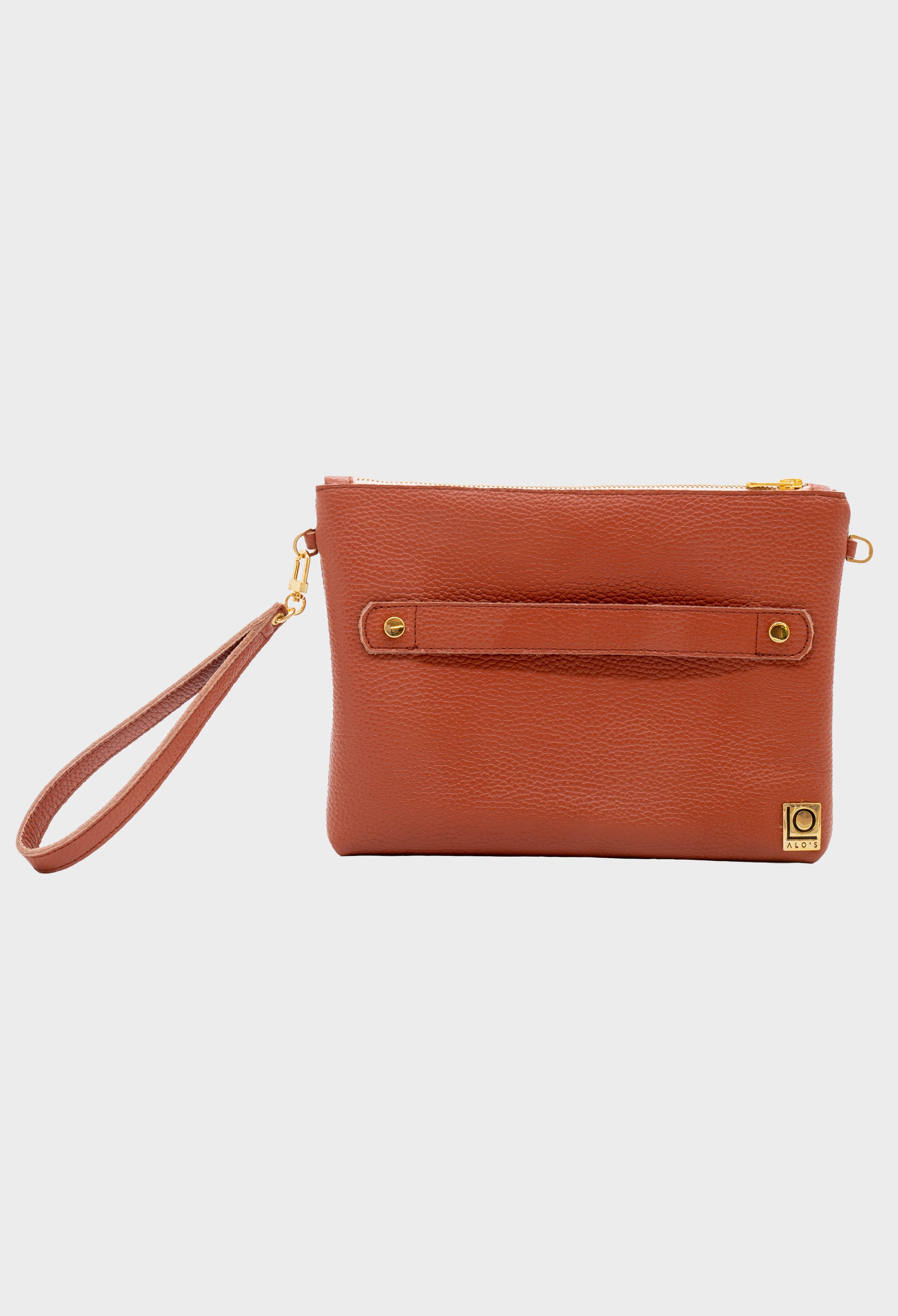pochette marrone artigianale in pelle cuoio con braccialetto lilith macis